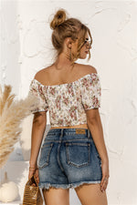 Floral Print Short-Sleeve Off Shoulder Drawstring Sexy Women'S Cropped Shirts Wholesale Crop Tops