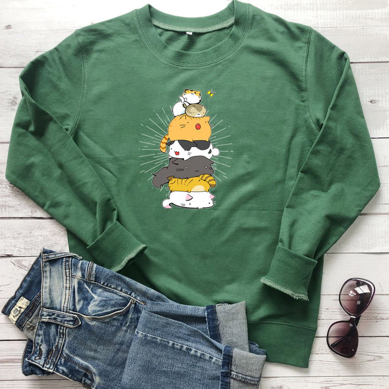 Fun Stacked Cats And Cats Printed Sweatshirts Wholesale Women Clothing