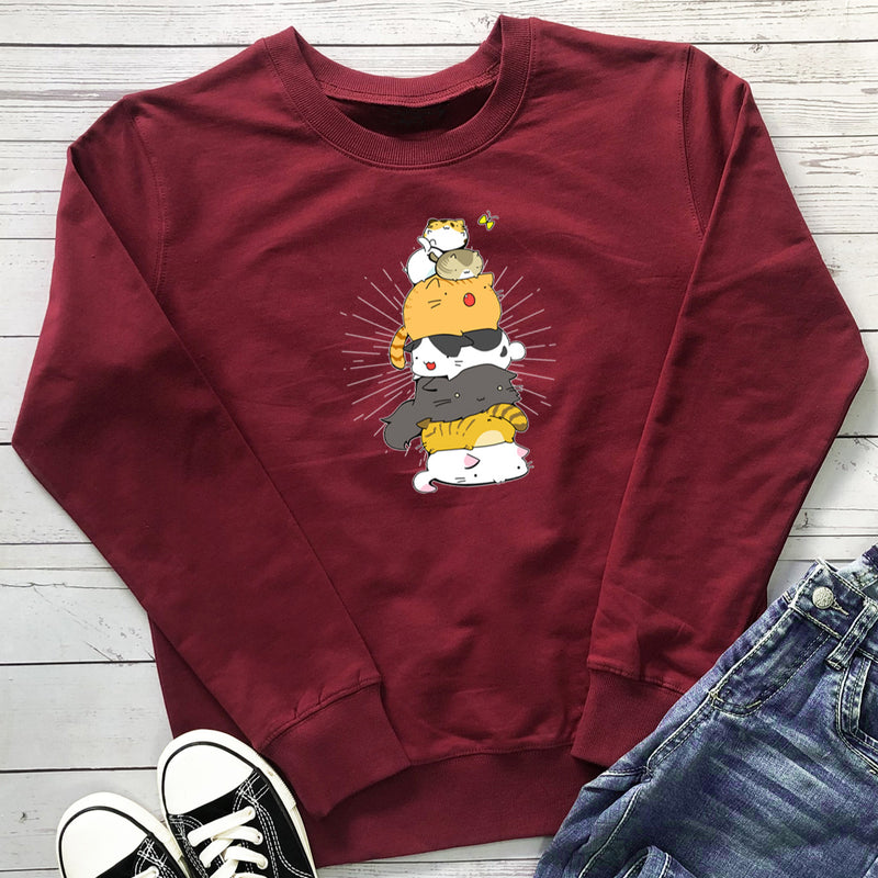 Fun Stacked Cats And Cats Printed Sweatshirts Wholesale Women Clothing