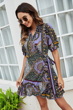 Women Fashion Floral Print Ruffle Hem V Neck Wholesale Wrap Dresses Summer