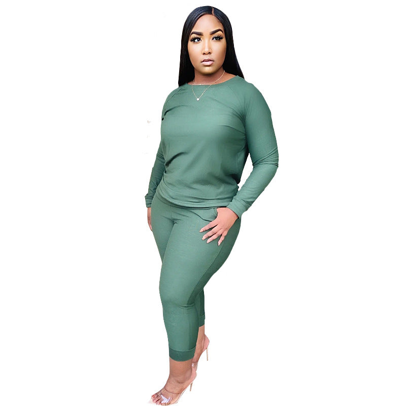 Two-piece Solid Color Round Neck Top And Trousers