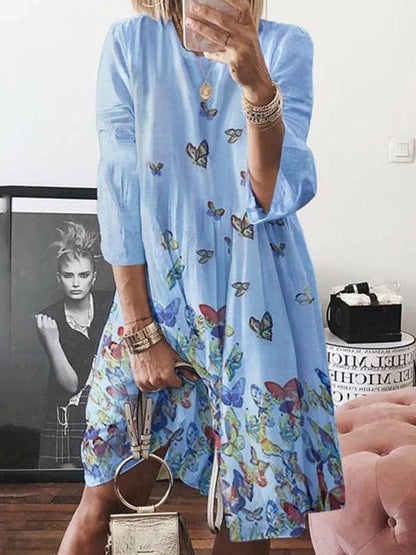 Fashion Print Cotton & Linen Round Neck Seven-Quarter Sleeves Loose Dress Casual Wholesale Dresses SD531710