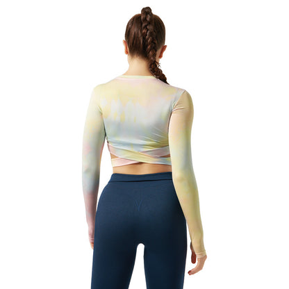 Long Sleeve Tie Dye Slim O-neck Asymmetrical Activewear Crop Top