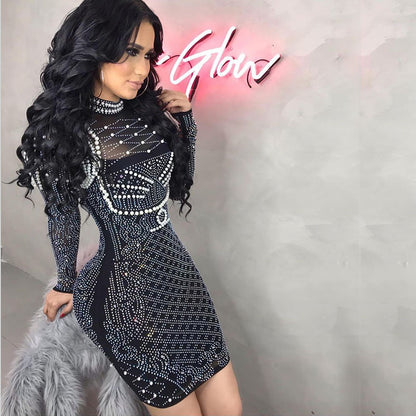 Mesh Hot Diamond Evening Dress Dresses Wholesale Women Clothing