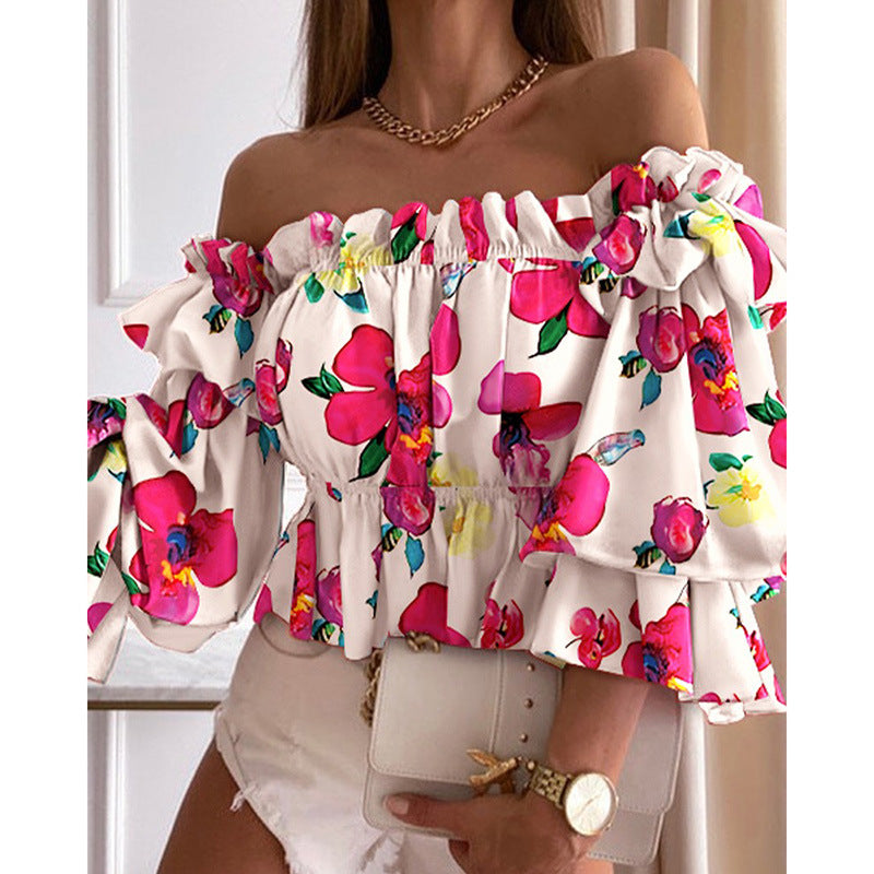 Polka Dots Floral Color Stripe Ruffled Sleeve One Shoulder Blouse Wholesale Vendors Clothing