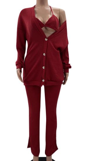 3pcs Solid Wholesale Women Sets Cardigan Bra Pants