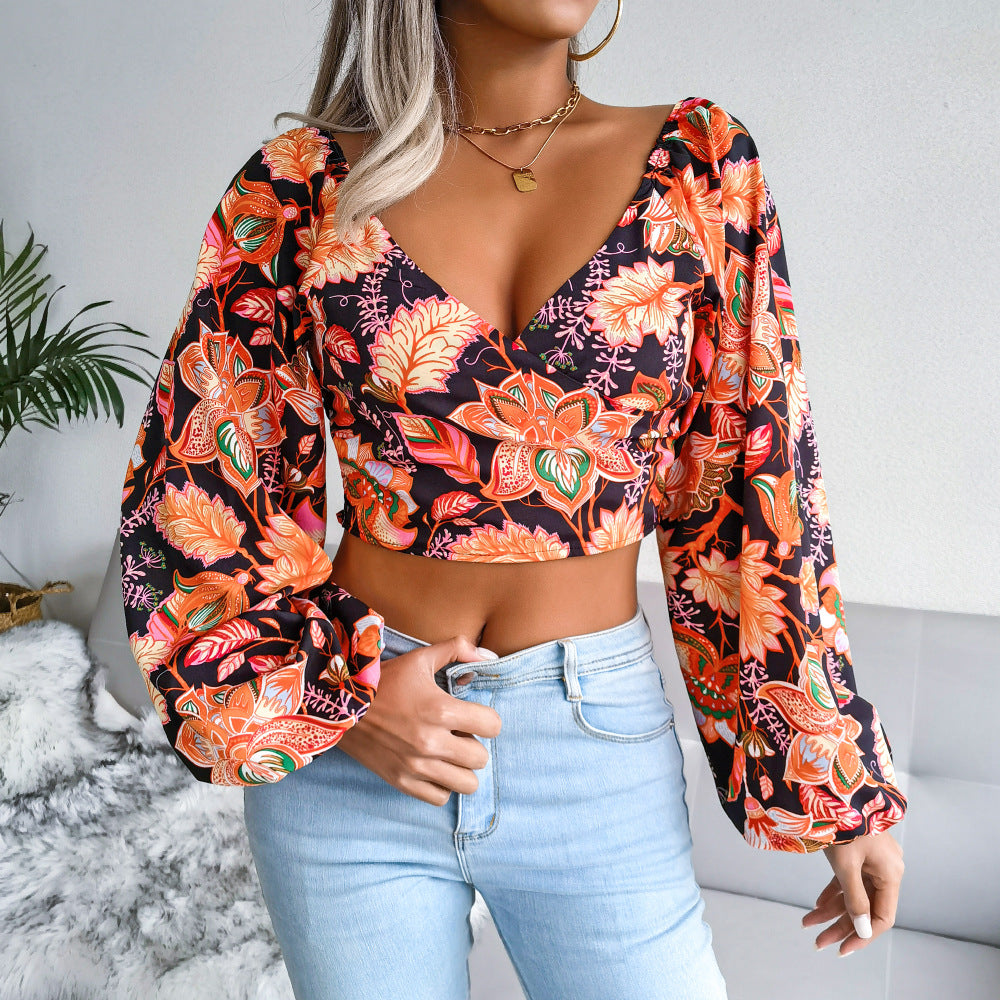 V-Neck Lantern Long-Sleeved Printed Chiffon Shirts Wholesale Crop Tops Sexy Womens Clothing