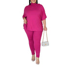 Long Sleeve Top With Trousers Plain Large Size Sets
