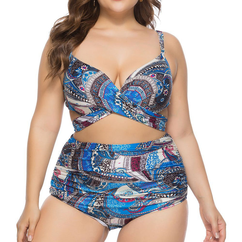 Ethnic Style Print High Waist Split Curve Bikini Sets Fashion Plus Size Swimwear Wholesale Vendors