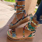 Fashion Leopard Snakeskin Print Cross Lace-Up Womens Platform Sandals Wholesale Shoes