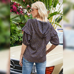 Ruffle Sleeve Floral Print Drawstring Women Wholesale Hooded Shirts Blouses