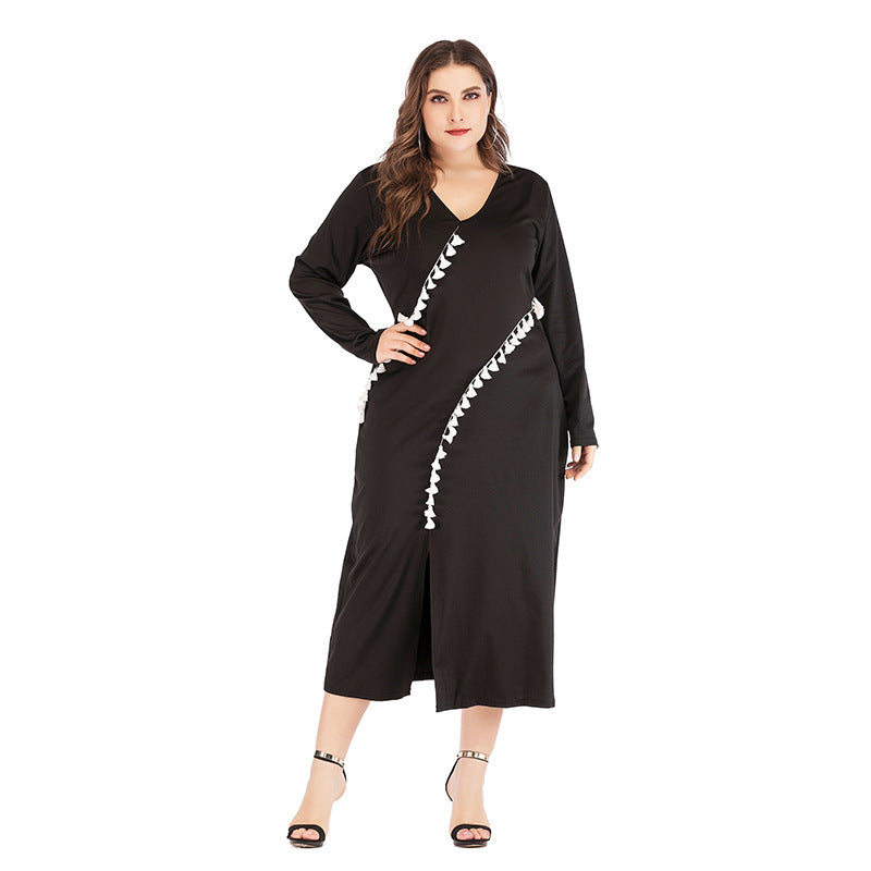 Wholesale Plus Size Women Clothing V-Neck Long-Sleeve Stitching Tassel Casual Commuter A-Line Dress