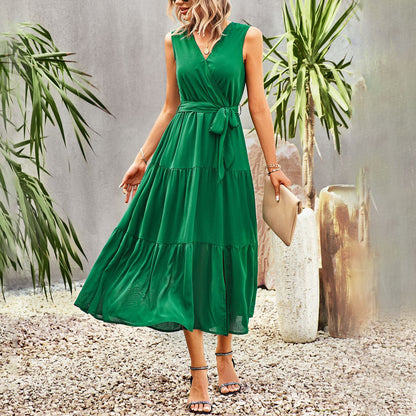 Solid Color Tie-Up Waist Sleeveless Swing Smocked Dress Wholesale Dresses