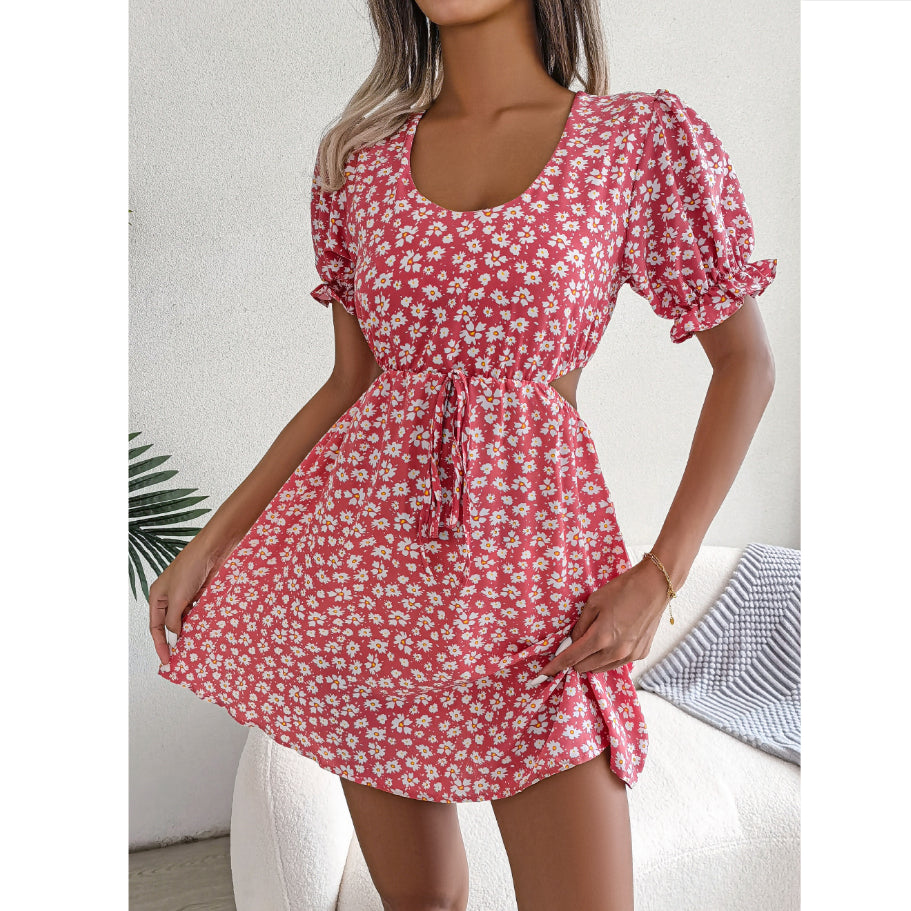 Casual Hollow Tie Short-Sleeve Floral Dress Wholesale Dresses