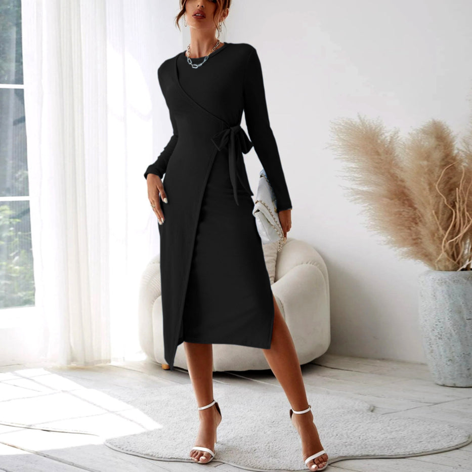 Fashion Lace-Up Bag Hip Long Sleeve Midi Dress Wholesale Dresses