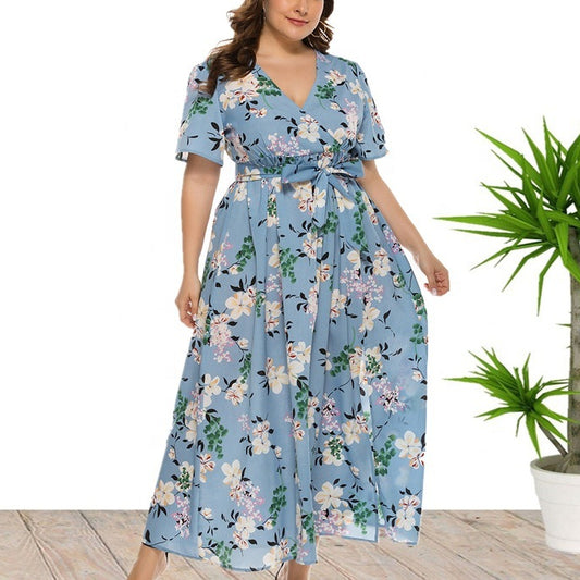 Wholesale Women'S Plus Size Clothing Bohemian Short Sleeve Printed Slit Long Dress