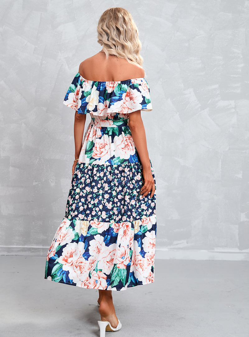 Off Shoulder Floral Print Ruffled Lapel Tie-Up Waist Swing Resort Dress Wholesale Dresses
