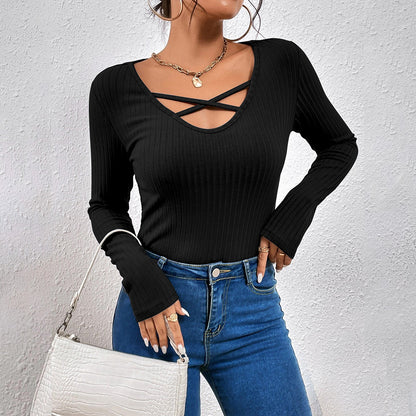 V-Neck Slim Fit Long Sleeves Casual T-Shirts Wholesale Womens Tops