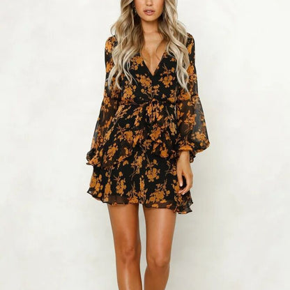 Fashion Floral Print Deep-V Ruffled Dress Wholesale Dresses