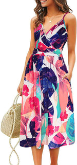 Printed Sling Dress Loose Beach Midi Dress With Pocket Casual Vacation Wholesale Dresses V Neck