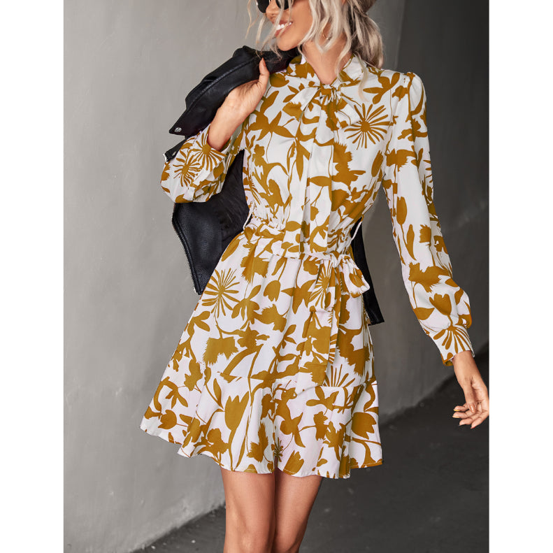 Printed Long Sleeve Elastic Waist Ruffle Dress Wholesale Dresses