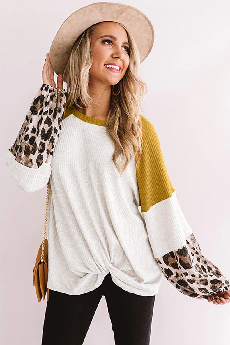 Leopard Print Stitching Fashion Waffle Long Sleeve Pullovers Casual Wholesale Blouse Womens T Shirts