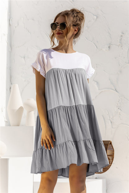 Round Neck Colorblock Ruffles Short Sleeve Loose Smocked Dresses Casual T Shirt Dress Wholesale