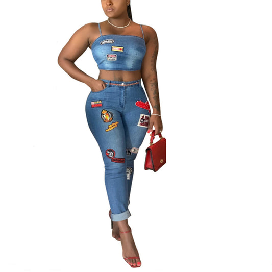 Cartoon Denim Patchwork Suspender & Jeans Wholesale Women'S 2 Piece Sets