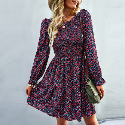 Casual Print Long Sleeve Round Neck A-Line Dress Wholesale Dresses