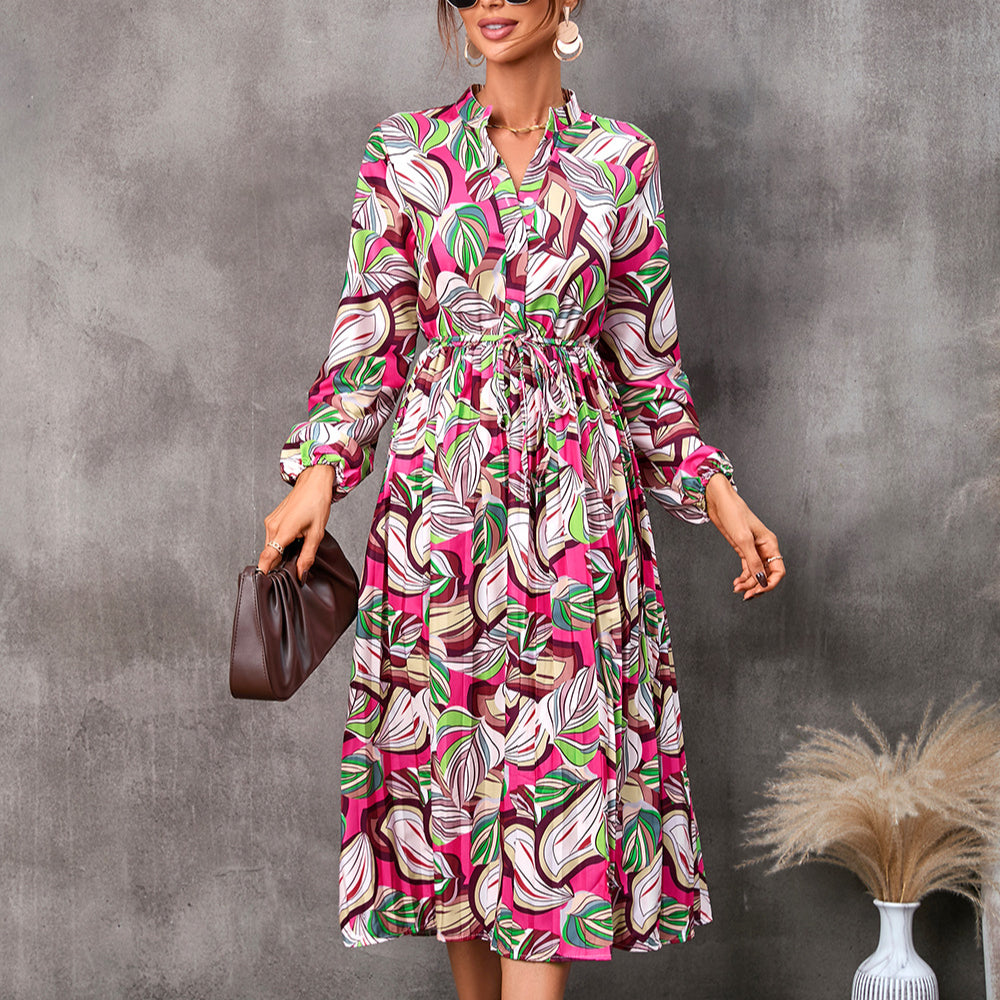 Printed Long Sleeve Tie-Up Midi Swing Shirtdress Wholesale Shirt Dresses