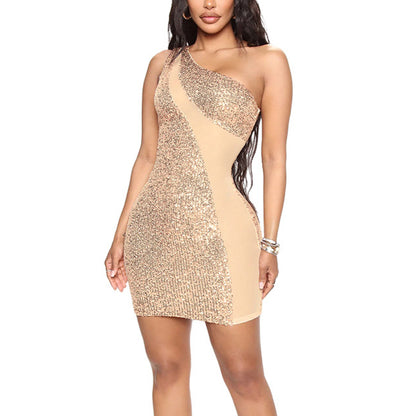 One Shoulder Sexy Mesh Bag Hip Sequin Dress Wholesale Dresses