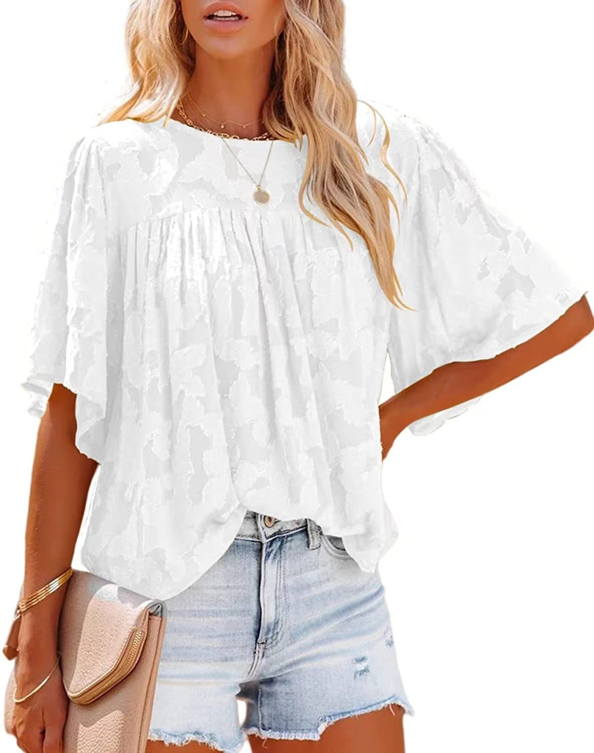 Lace Batwing Sleeve Crew Neck Wholesale Blouses Summer