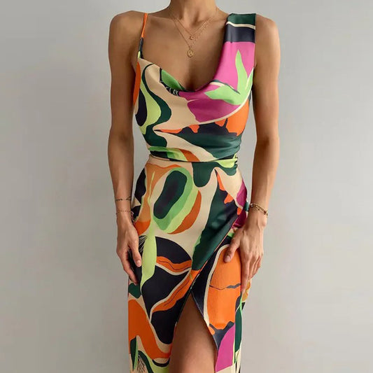 Slit Print Color Contrast Irregular Temperament Elegant Midi Dress Wholesale Dresses