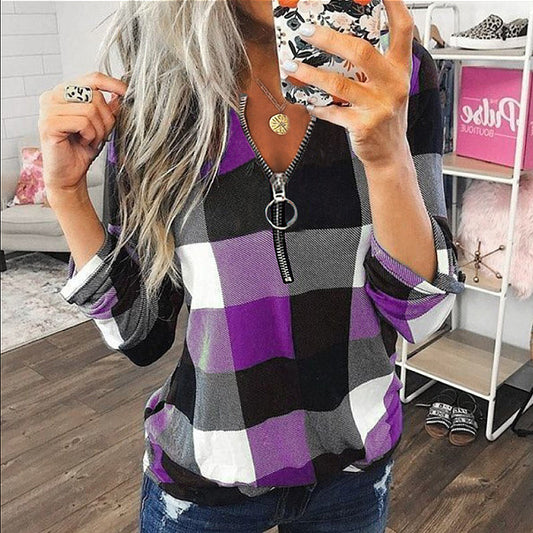 V Neck Plaid Print Zipper Long Sleeve Wholesale Shirt Blouses For Women