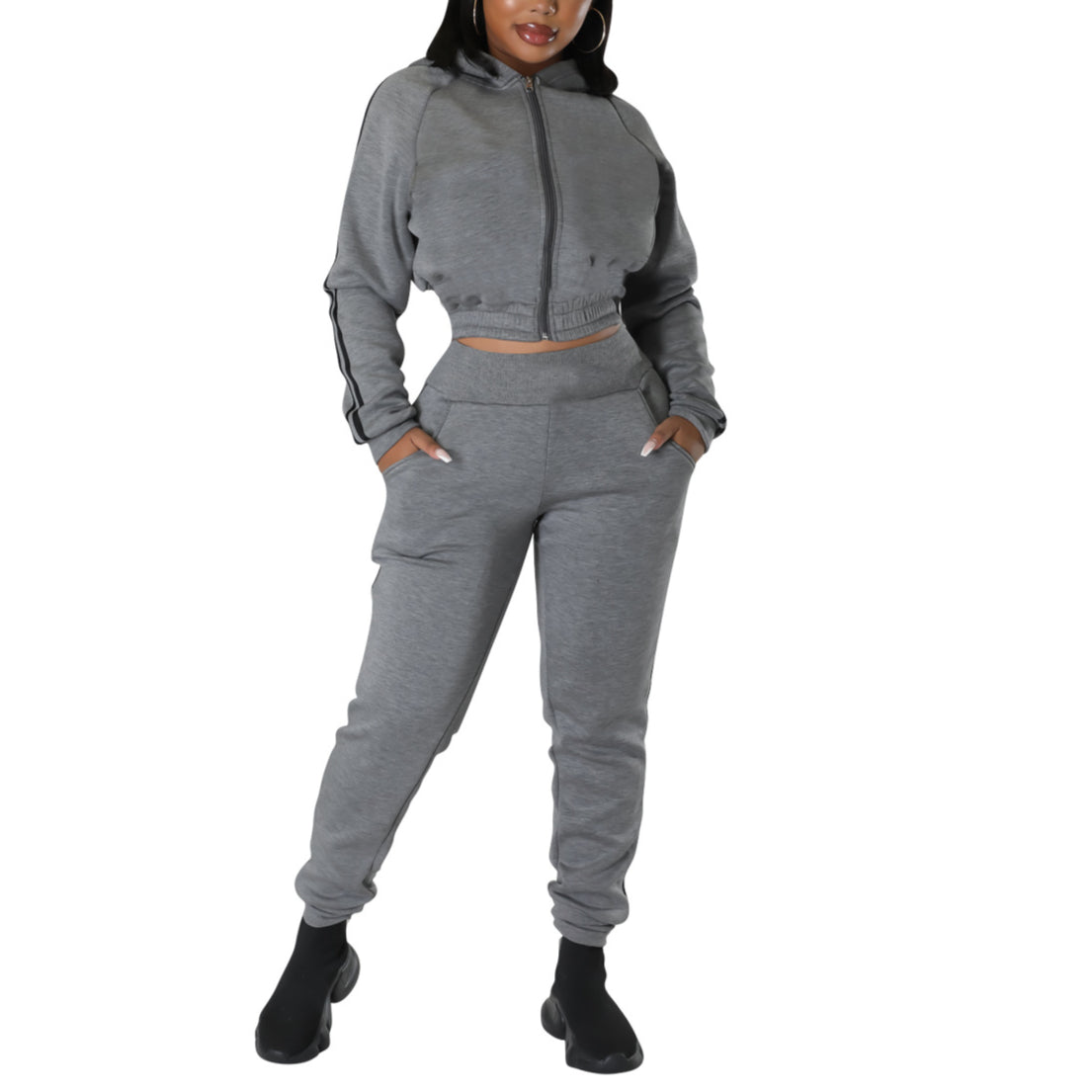 Solid Color Hooded Jacket & Trousers Tracksuits Wholesale Women'S 2 Piece Sets