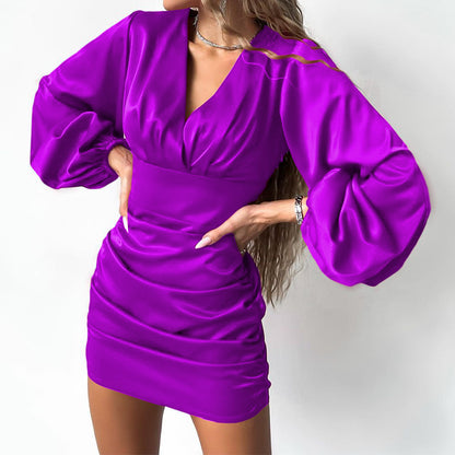 Sexy V Neck Bodycon Lantern Sleeve Mini Dress Wholesale Dresses