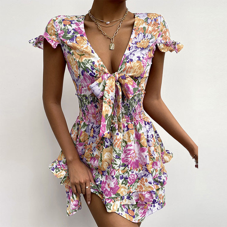 Floral V-Neck Tie Pleated Self-Cultivation Short-Sleeved Dress Wholesale Dresses