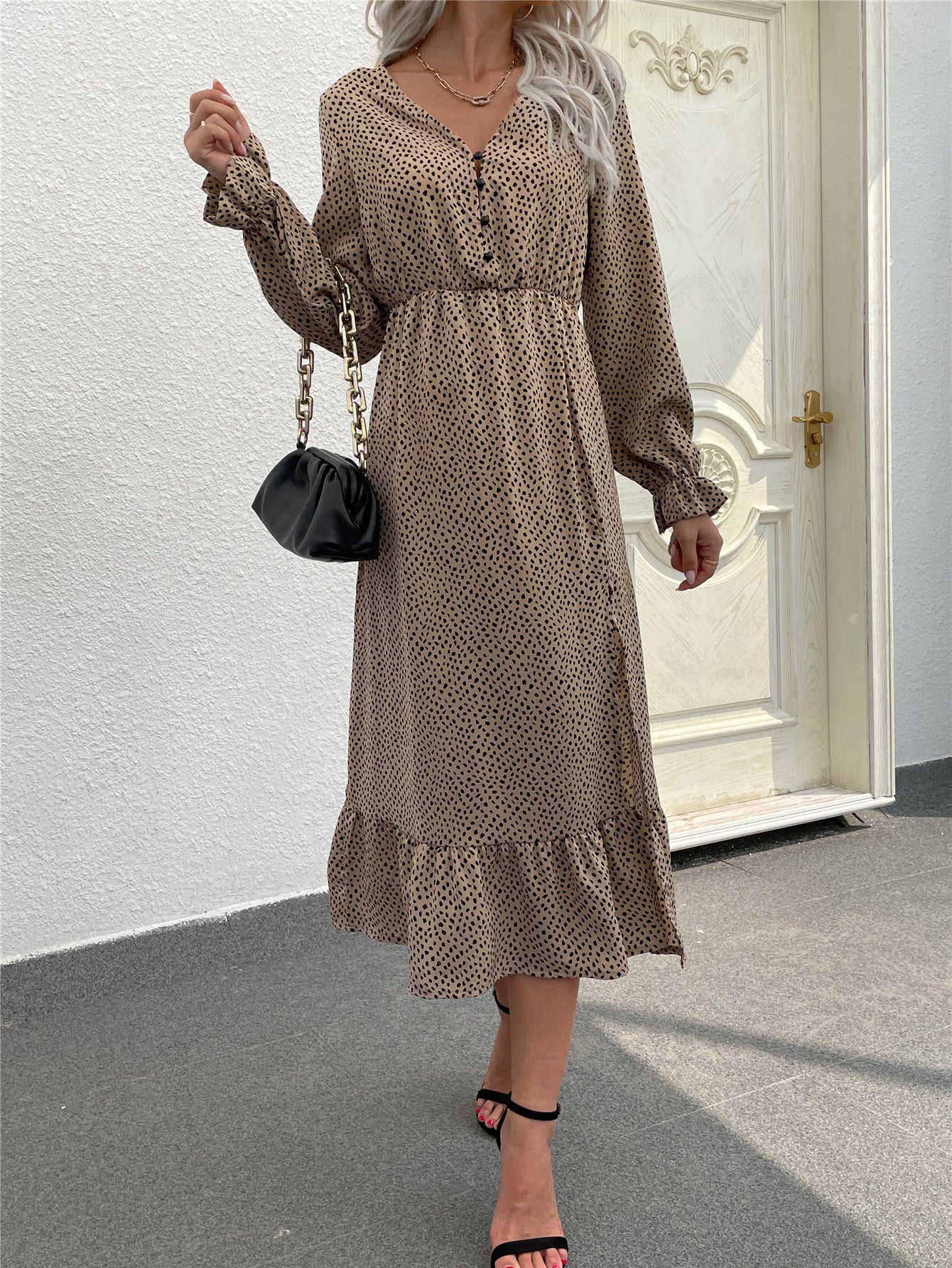 Leopard Print Long Sleeve V Neck Slit Ruffle Dress Casual Wholesale Dresses