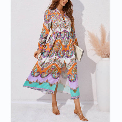 Fashion Printed Single-Breasted Long-Sleeve Shirt Dress Wholesale Dresses