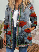 Vintage Cotton Linen Nethnic Style Print Tops Loose Long Sleeve Wholesale Cardigans