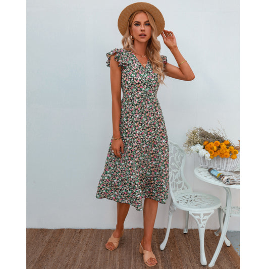 Floral Print V-Neck Frill Sleeve Midi Swing Dress Summer Casual Wholesale Dresses