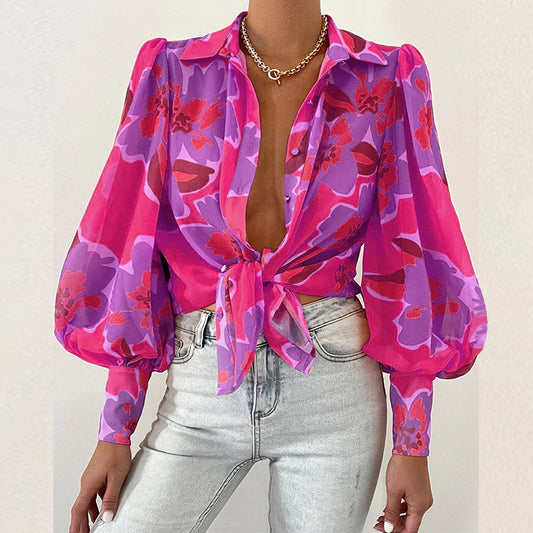 Sexy Lapel Deep V Single-Breasted Bubble Sleeve Print Blouses Wholesale Womens Long Sleeve T Shirts