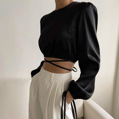 Long Sleeve Cross Solid Color Reversible Design Crop Top Wholesale Women Top