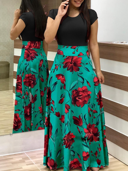 Fashion Printed Wide Hem Full Skirt Short Sleeve Wholesale Maxi Dresses Casual