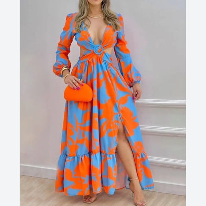 Printed Fashion Cutout Open Back Lantern Sleeve Sling Swing Drsses Crossover Wrap Chest Vacation Wholesale Maxi Dresses