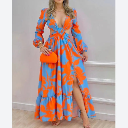 Printed Fashion Cutout Open Back Lantern Sleeve Sling Swing Drsses Crossover Wrap Chest Vacation Wholesale Maxi Dresses