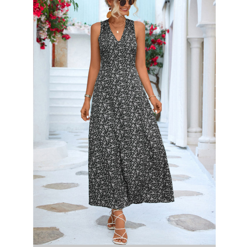 V Neck Printed Sleeveless Open Back Tank Dress Wholesale Dresses