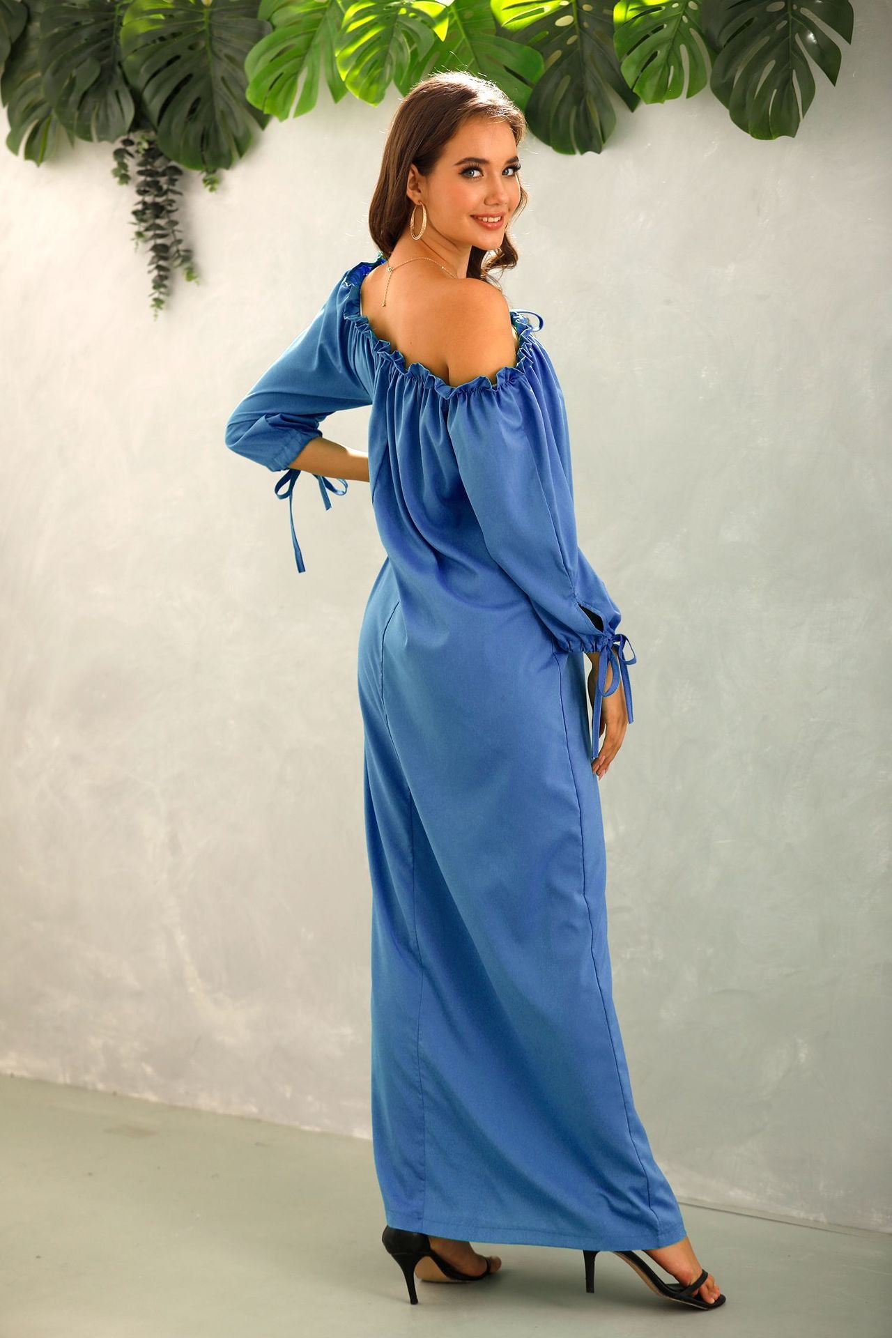 Off Shoulder Solid Color Lantern Sleeve Ruffles Loose Dress Casual Wholesale Maxi Dresses