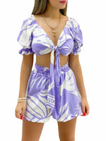 Printed Puff Sleeve Tie-Up Crop Tops & Shorts Sexy Vacation Suits Wholesale Womens 2 Piece Sets