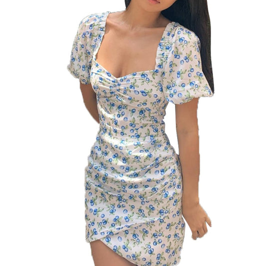 Sexy Square Neck Puff Sleeve Blue Flower Dress Women Suppliers